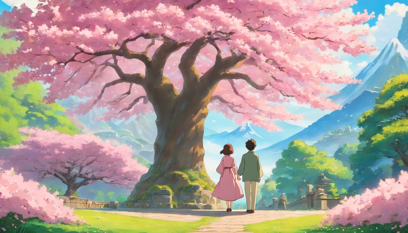 a wide-angle shot of the couple standing beneath a magnificent pink cherry tree in full bloom, with the delicate petals creating a breathtaking scene of natural beauty and romance