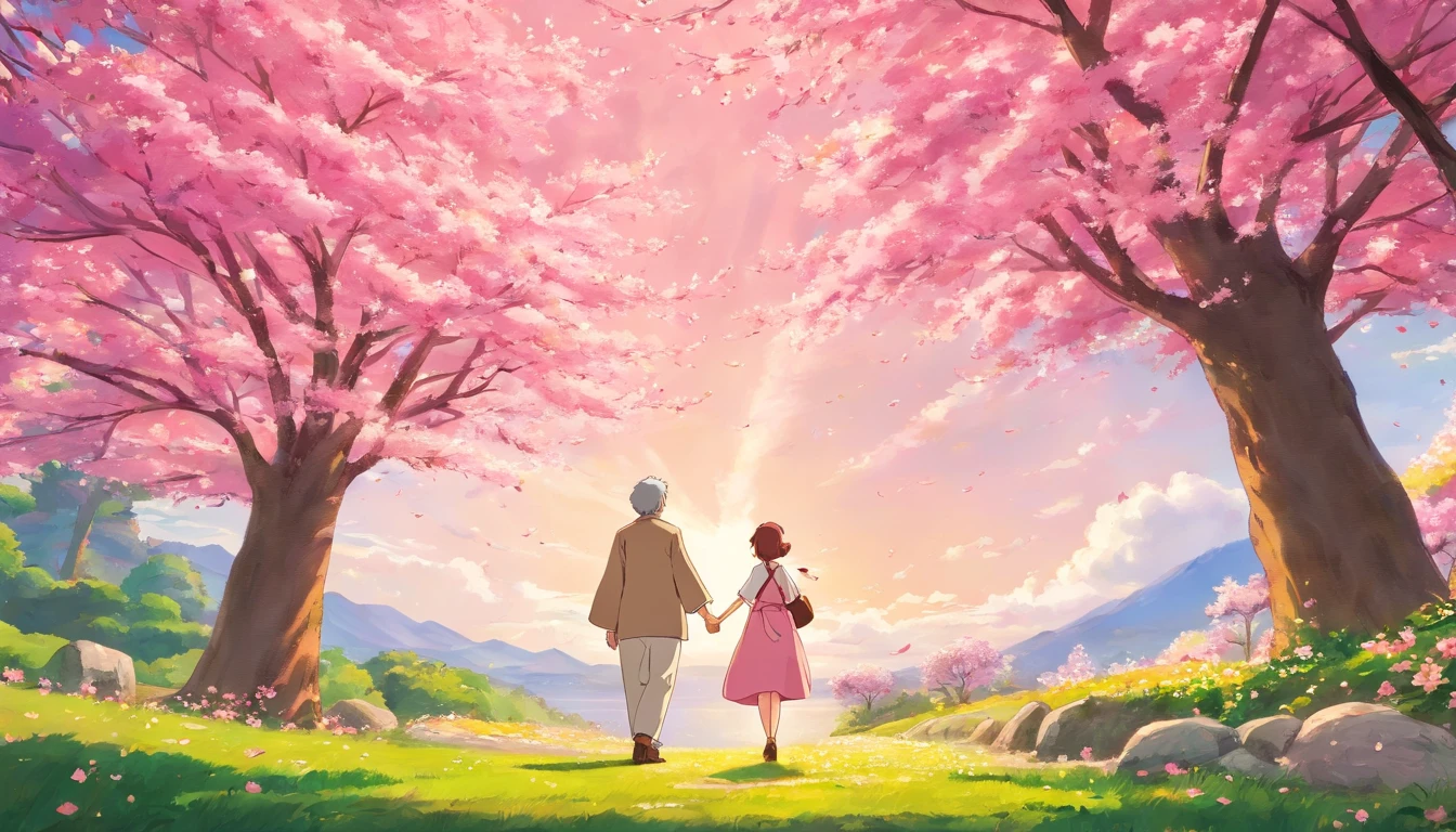 a wide-angle shot of the couple standing beneath a magnificent pink cherry tree in full bloom, with the delicate petals creating a breathtaking scene of natural beauty and romance
