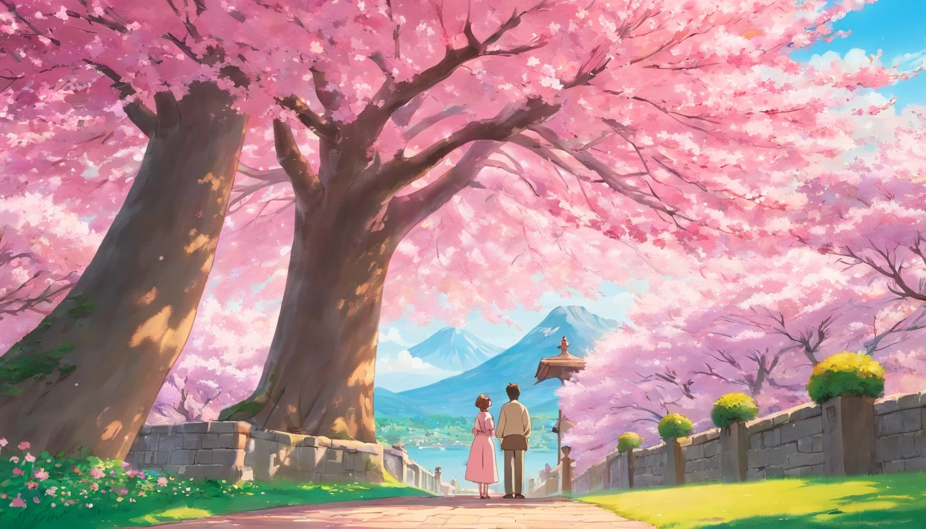 a wide-angle shot of the couple standing beneath a magnificent pink cherry tree in full bloom, with the delicate petals creating a breathtaking scene of natural beauty and romance