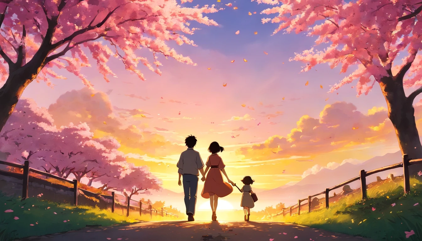 a silhouette shot of the couple walking under a pink cherry tree, with the setting sun casting a warm golden glow, symbolizing the eternal love and happiness they share