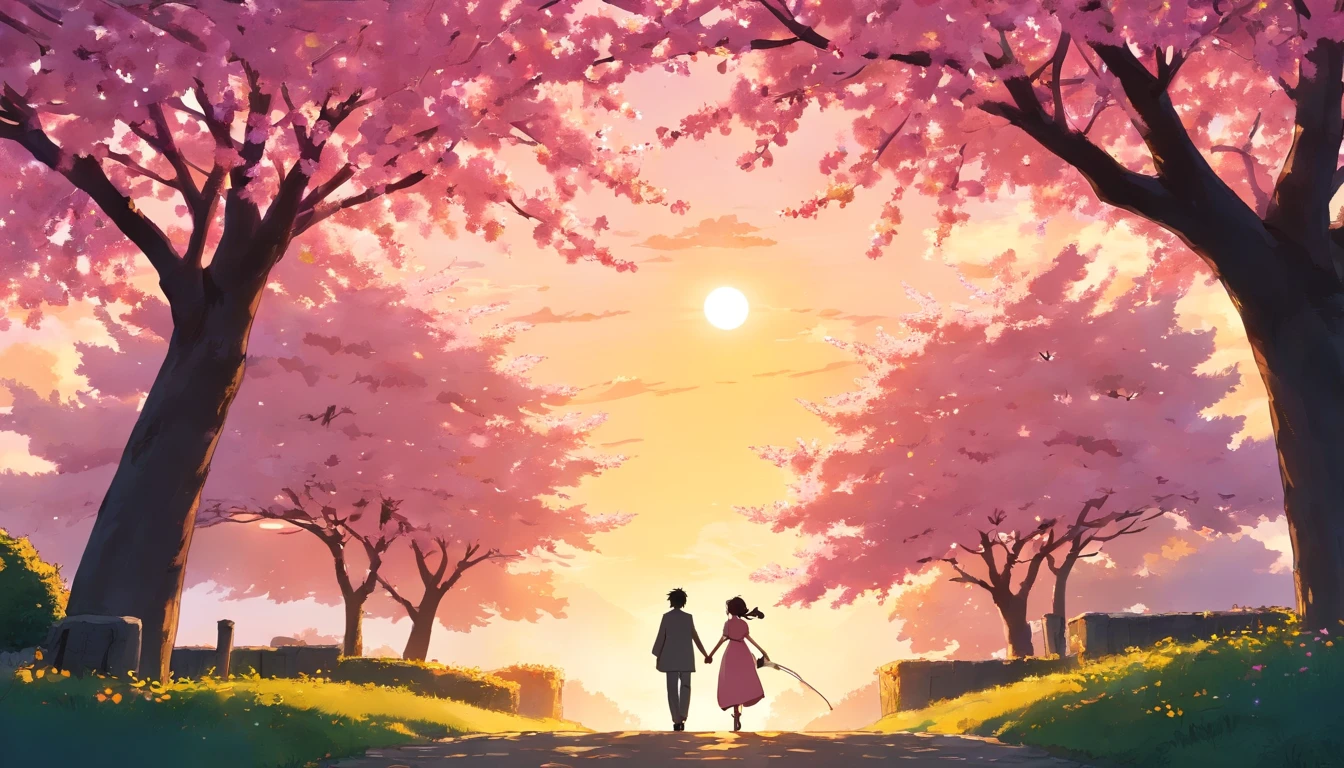 a silhouette shot of the couple walking under a pink cherry tree, with the setting sun casting a warm golden glow, symbolizing the eternal love and happiness they share