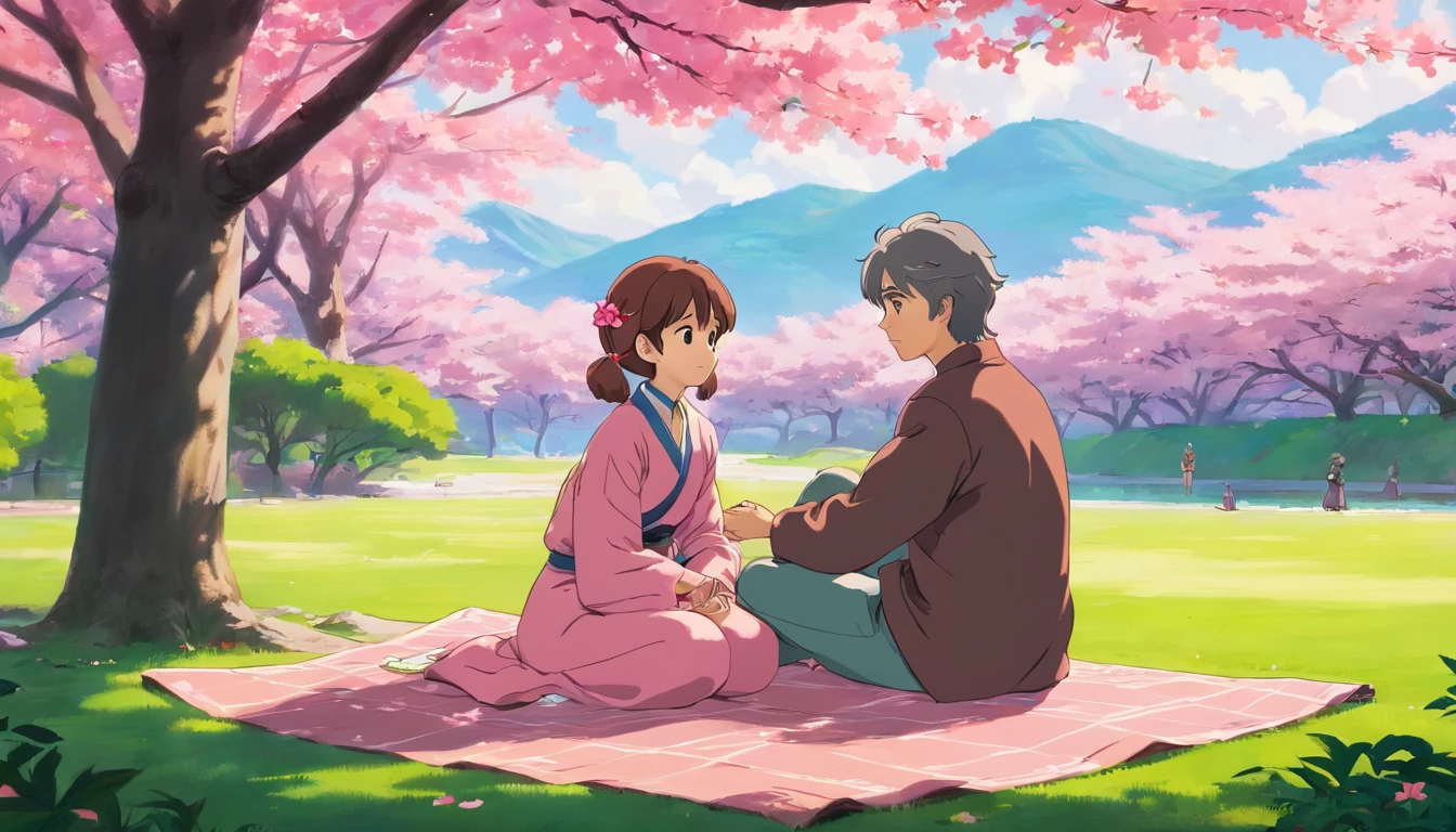 a serene shot of the couple seated on a blanket beneath a pink cherry tree, enjoying a peaceful moment together in the park, surrounded by nature’s beauty