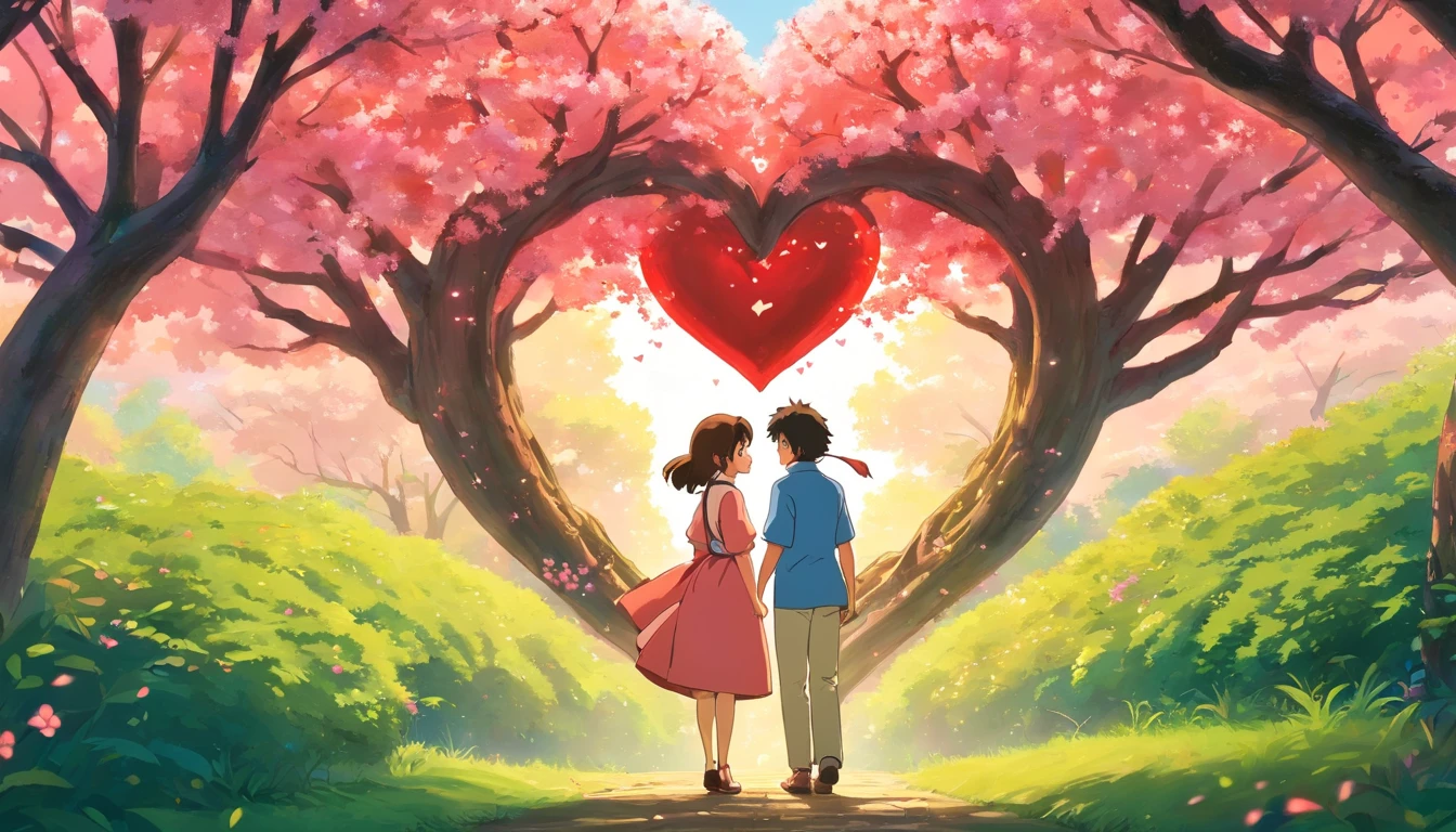 a creative shot of the couple framed by a heart-shaped opening formed by intertwined cherry tree branches, symbolizing their love and the enchantment of the moment