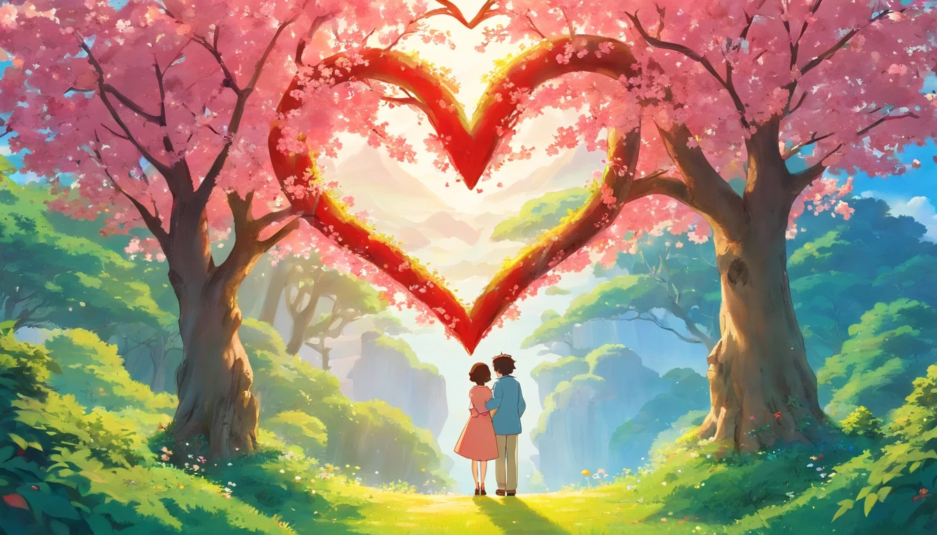 a creative shot of the couple framed by a heart-shaped opening formed by intertwined cherry tree branches, symbolizing their love and the enchantment of the moment
