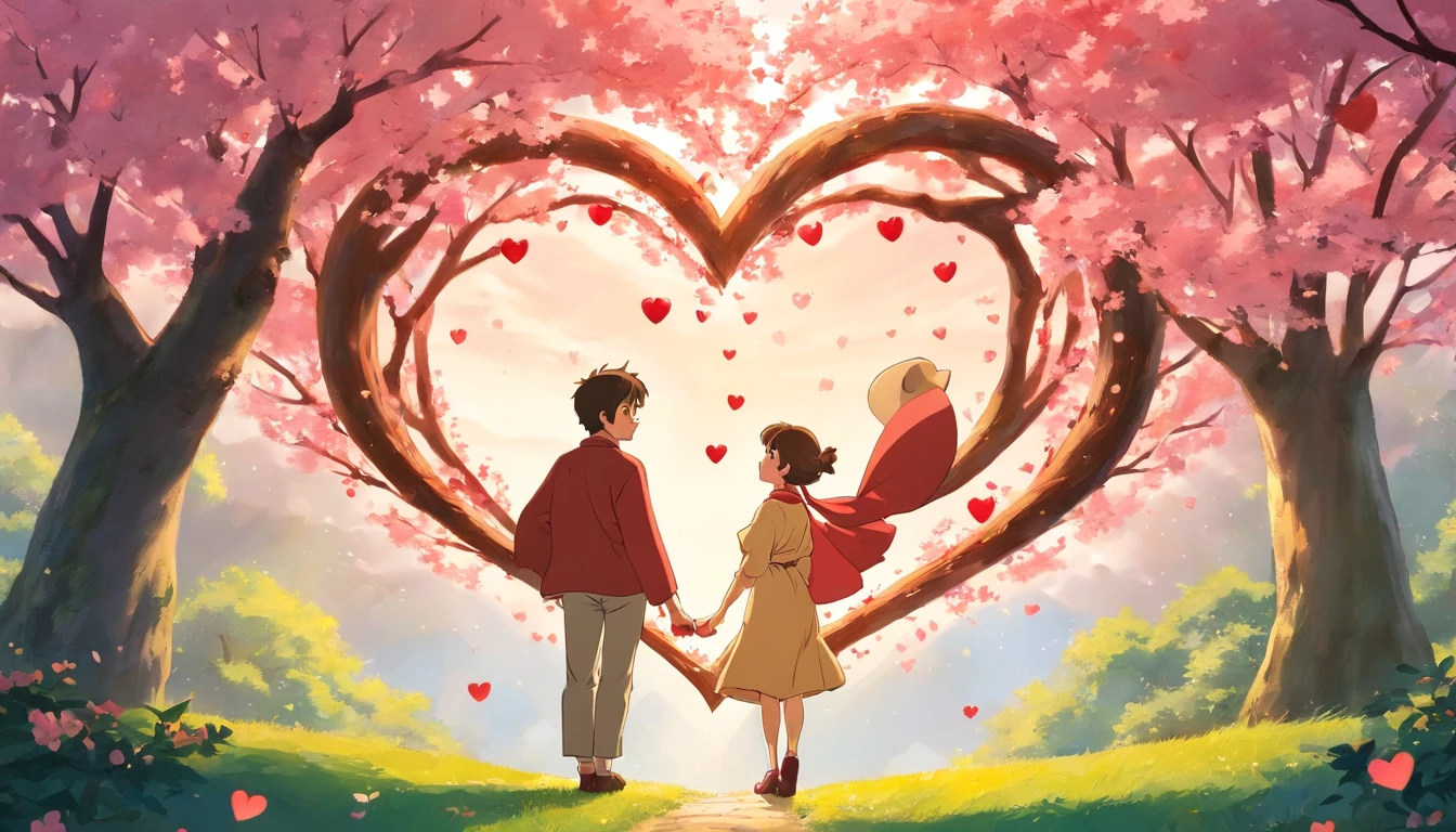 a creative shot of the couple framed by a heart-shaped opening formed by intertwined cherry tree branches, symbolizing their love and the enchantment of the moment