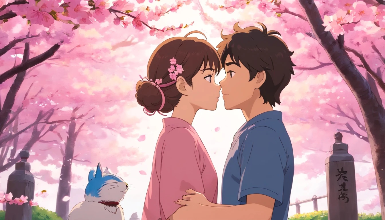 a romantic shot of the couple stealing a kiss while standing among a sea of pink cherry blossoms, capturing the passion and tenderness of their connection