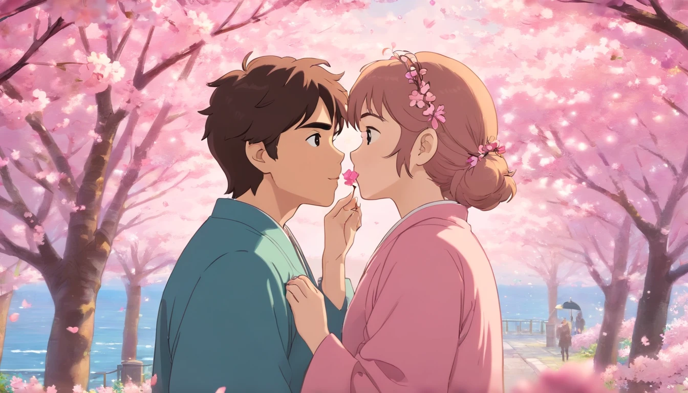 a romantic shot of the couple stealing a kiss while standing among a sea of pink cherry blossoms, capturing the passion and tenderness of their connection