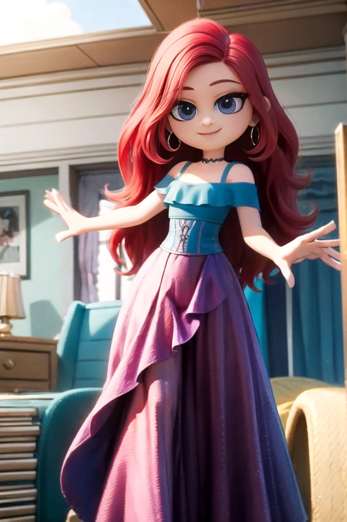 1 girl, Teenage, Red hair, Long Red hair, Medium Hair, Blue eyes, Purple off shoulder dress, Purple Flamenco Dress, Flamenco dancer, long skirt, Smile, room, indoor, window, daylight at the city, Sexy, masterpiece, High quality.