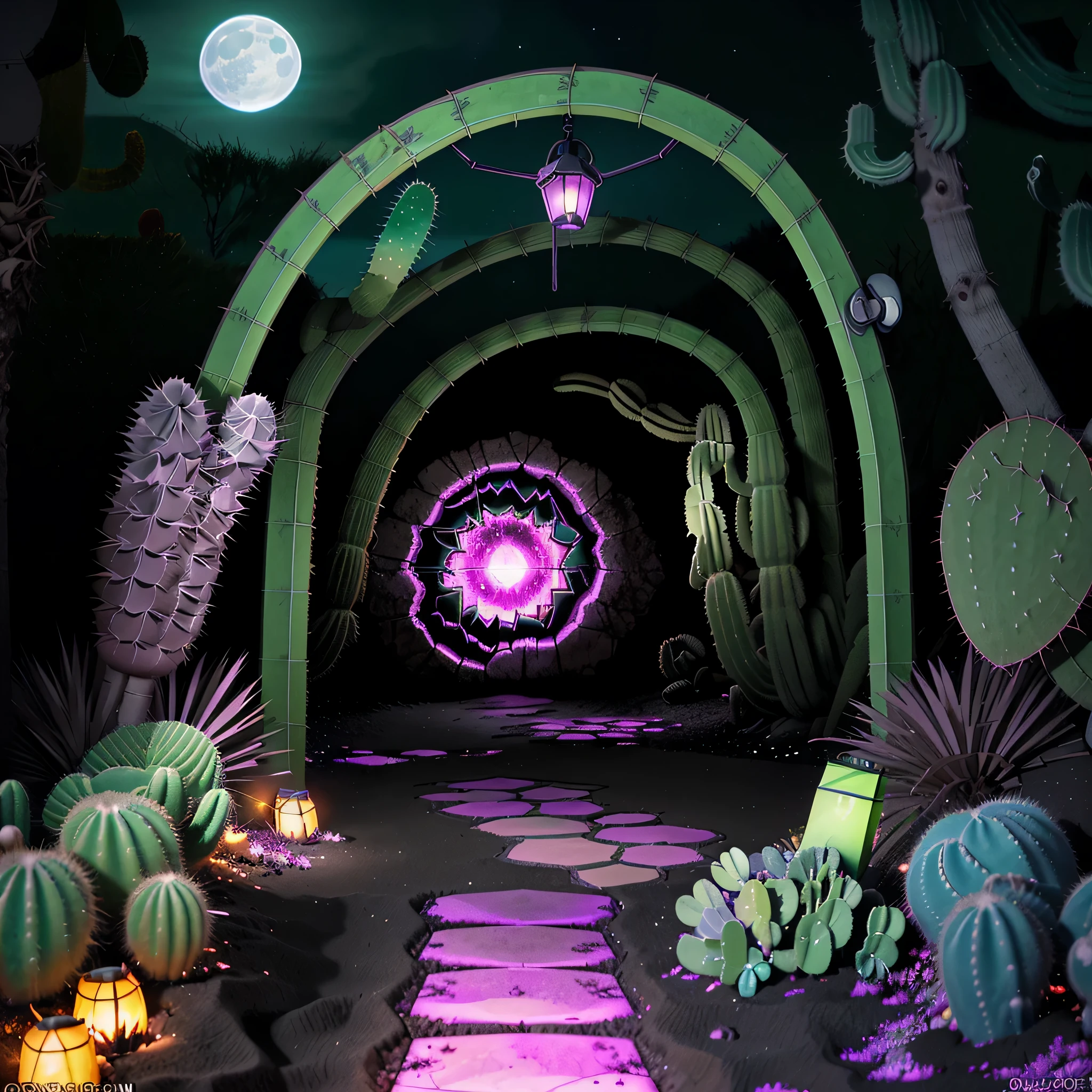 nether portal, corrupted, sludge, anime, lit portal, green light, ((nether portal)), ((at night)), blue moon, anime style, cartoon, entrance, walkway, cacti, sand dunes, spirits, lights, crystals,