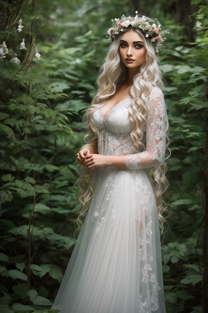 (La mejor calidad,4k,8k,Altas Resoluciones,Obra maestra:1.2),Ultra detallado,(realista,photorealista,photo-realista:1.37),pale gothic goddess,1girl,hermosos ojos detallados,hermosos labios detallados,Ojos y cara extremadamente detallados,long eyeslashes,Pale skin,cabello dorado que fluye como olas,mirada penetrante,vestido fluido blanco puro,dark gothic crown adorned with delicate gems,dramatic makeup,Ethereal Beauty,standing in a mysterious garden,covered in pale flowers,Muros de piedra cubiertos de hiedra y pilares desmoronados.,rays of sunlight filtering through the dense foliage,casting a soft glow across the scene,Ambient lighting reveals intricate details.,The shadows dance with an air of melancholy.,colores vivos mezclados armoniosamente con pasteles suaves,Dreamlike atmosphere,susurrando secretos y deseos ocultos,inquietantemente hermosa,creating a feeling of charm and mystique,mezclando elegancia y oscuridad,creando un contraste sorprendente,retrato con un toque de misticismo,Visualmente cautivador,inspirando asombro y curiosidad.