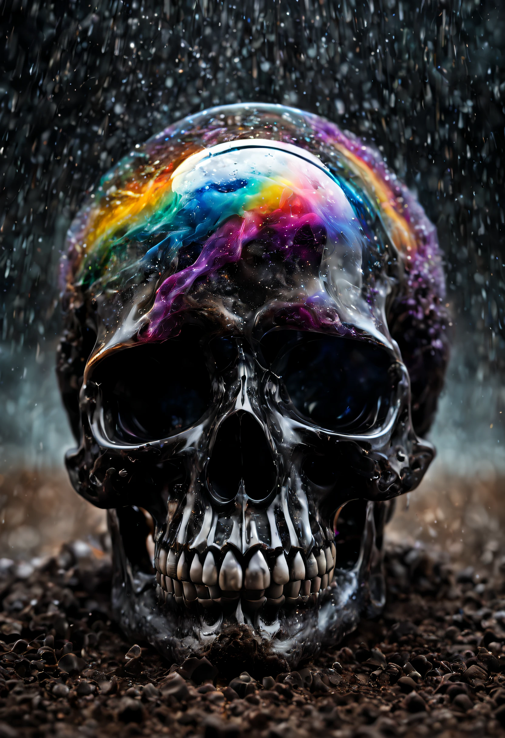 A beautiful realistic magestic darkness glass skull with a coat made of a magnificent storm, It's textured and beautiful with lot of multicolored flying dust