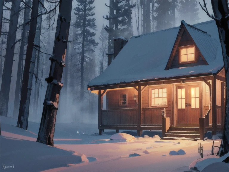 Masterpiece, best quality, Generate an image of a cabin in the middle of a dark forest at night. Focus on the cabin and emphasize the door as the central point of the image. The cabin should appear old and eerie, Winter