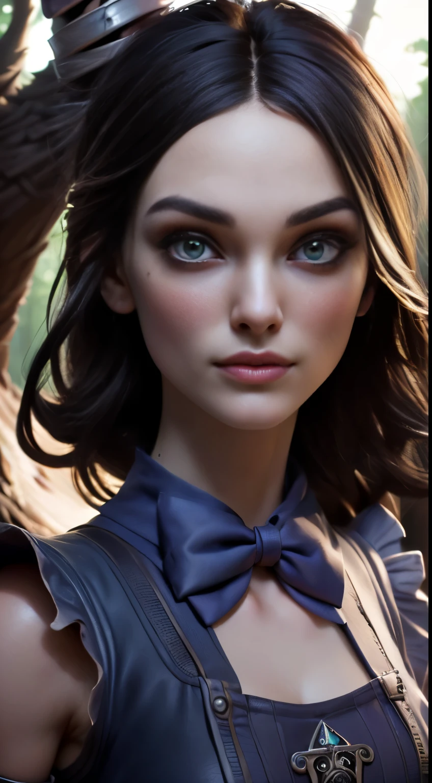 photo of Keira Knightley, RAW, beautiful woman, ((portrait)), ((detailed face:1.2)), ((detailed facial feature, detailed skin, clear skin), (perfect proportioned body), ((wearing American McGee's Alice in Wonderland outfit)), (high detailed giant mystical forest, Cheshire cat), (arms behind back: 1.2), (realistic photo, best quality, detailed), (8k wallpaper), (cinematic lighting, dramatic lighting) (sharp focus, intricate)