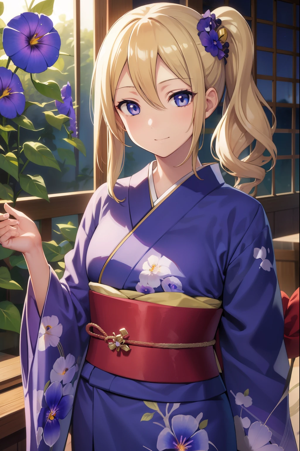 Aihayasaka, Ai Hayasaka, Blonde hair, Blue eyes, blue flower hair ornament, hair between eye, hair scrunchie, Long hair, Floral ornament, Side Ponytail, side locks,
(light purple long-sleeved kimono:1.3), (morning glory pattern:1.3), (Background along the embankment in winter)
BREAK indoors,
BREAK (masutepiece:1.2), Best Quality, High resolution, Unity 8k壁纸, (Illustration:0.8), (Beautiful detailed eyes:1.6), extra detailed face, Perfect Lighting, extremely details CG, (Perfect hands, Perfect Anatomy), Portrait, The best smile