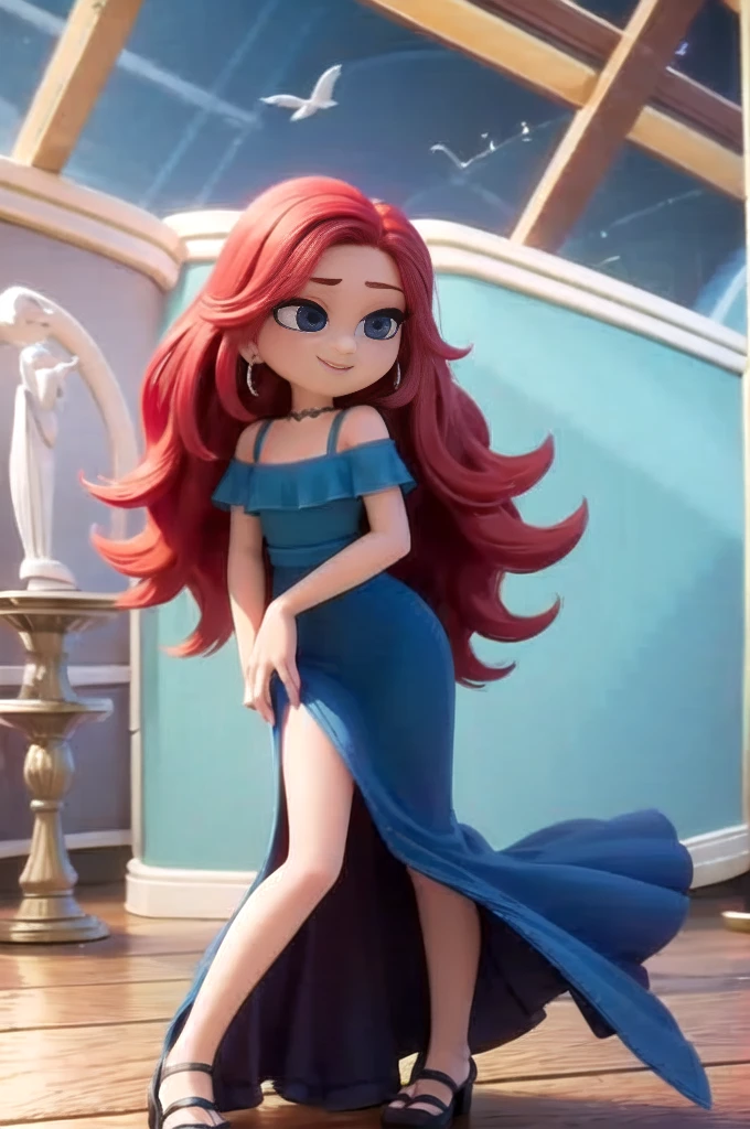 1 girl, Teenage, Red hair, Long Red hair, Medium Hair, Blue eyes, Purple off shoulder dress, Purple Flamenco Dress, Flamenco dancer, long skirt, Smile, room, indoor, window, daylight at the city, Sexy, masterpiece, High quality.