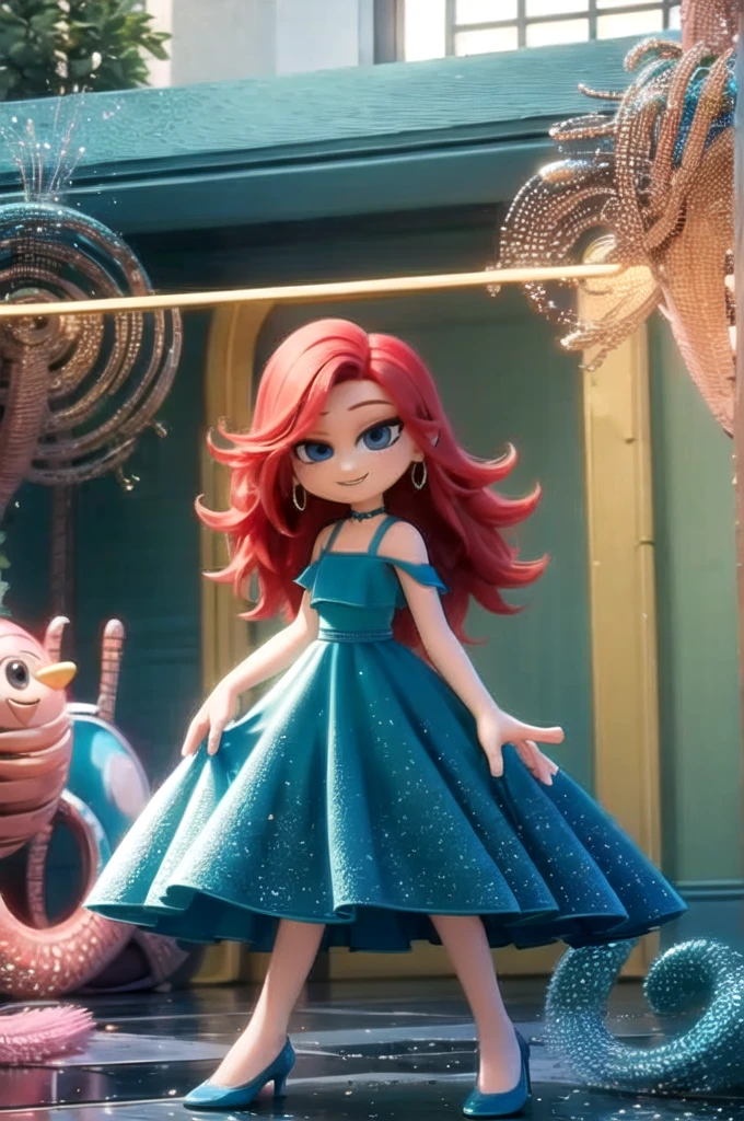 1 girl, Teenage, Red hair, Long Red hair, Medium Hair, Blue eyes, Purple off shoulder dress, Purple Flamenco Dress, Flamenco dancer, long skirt, Smile, room, indoor, window, daylight at the city, Sexy, masterpiece, High quality.