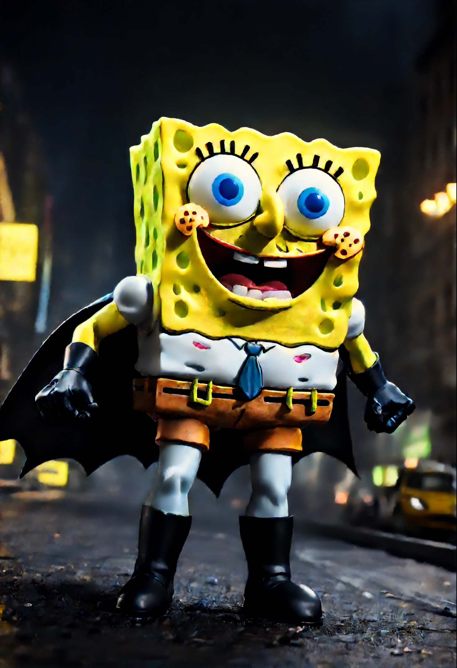 ((32k UHD high detail, 16k HDR cinematic art)) High quality magem presenting (((SpongeBob))) adopting the identity of [[Batman]], with different clothes and accessories, while driving a truck. The scene highlights the unique fusion between the animated world of SpongeBob and the Batman universe. | The truck is represented dynamically, reflecting the funny personality of SpongeBob, even while incorporating the heroism of Batman. | An engaging representation that captures the comic essence of SpongeBob in the skin of Batman, in a high-quality image full of details. | {The camera is positioned to capture SpongeBob in the Batman-inspired outfit, piloting the truck with a heroic pose, emphasizing the details of the costume and the dynamic action} | ((perfect_pose)), He is adopting ((dynamic_poses as channels Batman's heroic demeanor):1.3), ((full body)), (perfect_fingers:1.0), (perfect_legs:1.0), better_hands, More_Detail.