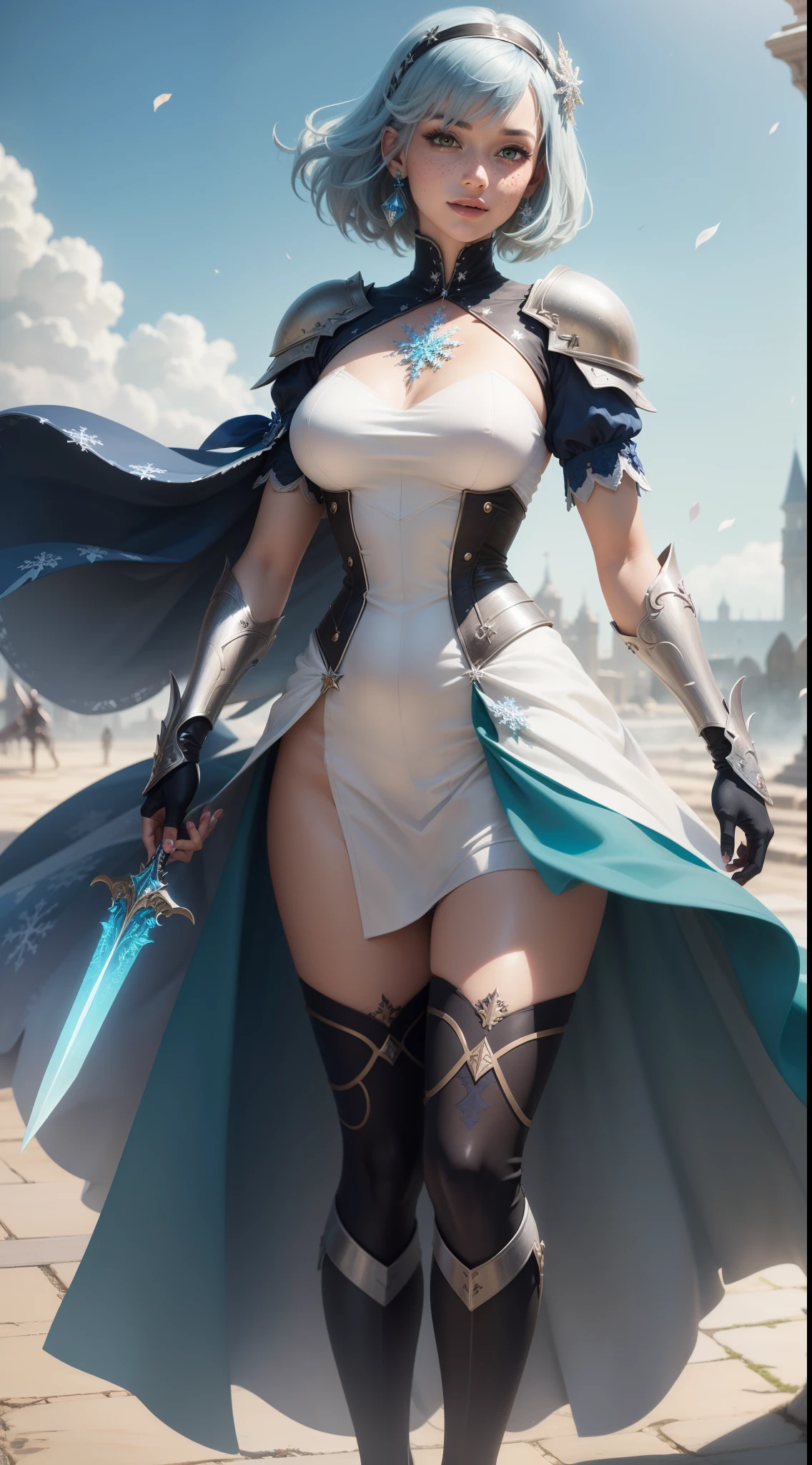 gwen tennyson,1girl,tracer,yorha 2b,rebecca chambers,overwatch,atelier ryza,close up,fantasy castle view,tattoos,blue and white plugsuit,white short sleeve knight top,snowflake embroidery knight armor,lycra micro skirt,snowflake embroidery corset, short hair,princess makeup,green eyes, multicolored silver and pink hair,long dress train,fierce smile,freckles,beautiful girl,knight thigh high boots,large breasts,8k,ultra detailed,realistic,fantasy art,white paladin uniform,queen gown skirt,snowflake hair pin,ear piercings,snowflake hand and neck jewelry,(weather:windy),long royal blue knight cape,holding a crystal sword,petals flying,