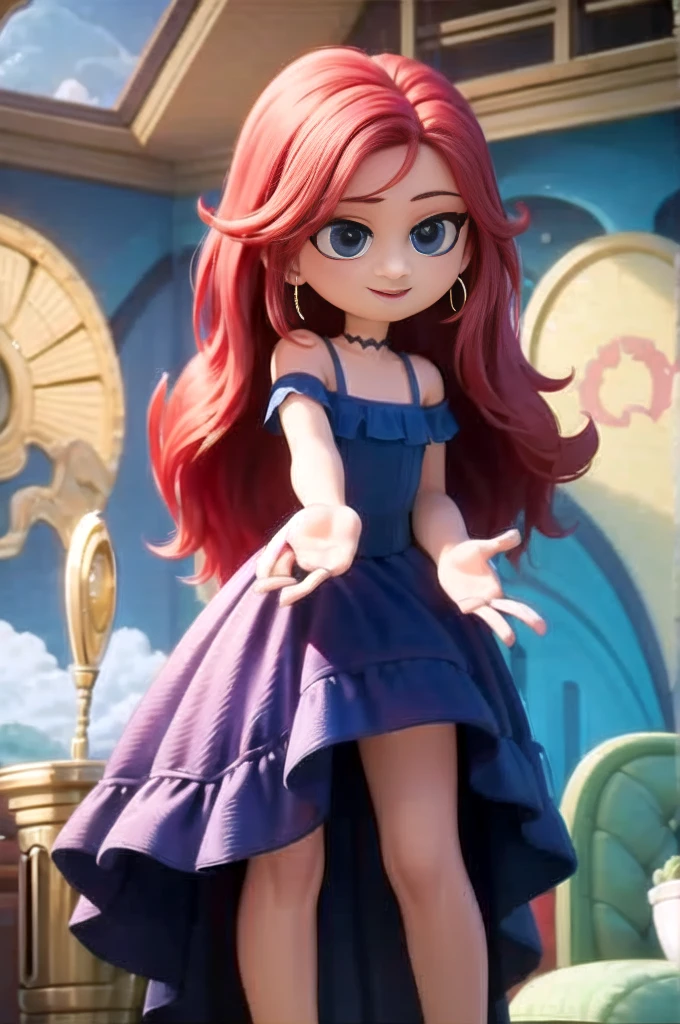 1 girl, age, Red hair, Long Red hair, Medium Hair, Blue eyes, Purple off shoulder dress, Purple Flamenco Dress, Flamenco dancer, long skirt, Smile, room, indoor, window, daylight at the city, Sexy, masterpiece, High quality, 2D illustration, 2D flat