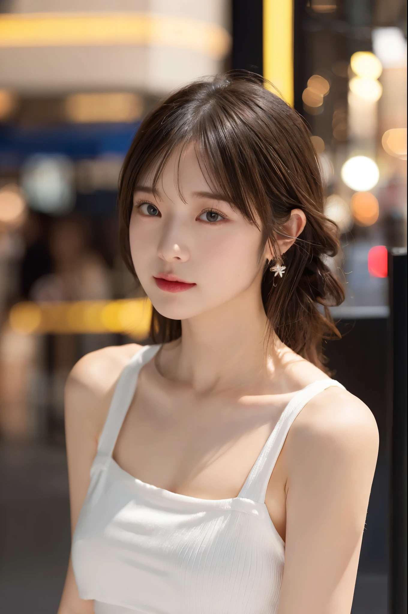 vests、​masterpiece、An ultra-high picture quality、realisitic、girl、(Beauty Face 1.4 Otome)、(mediummilk、Constriction waist)、Bokeh、micron、glowy skin、headw、Beautiful collarbone、Pose Seductive、White crop top shirt、off shoulders