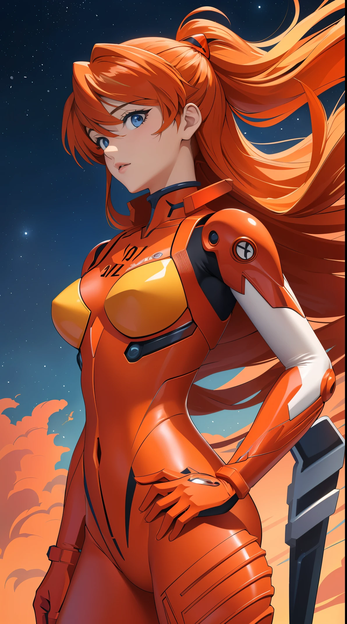 1girl, solo, looking at viewer, full body, standing, long hair, asuka cosplay costume, cosplay, plugsuit, bodysuit, hair ornament, seen from above, space, floating,Dubrec style,Transparent figure back,(Multiple Exposure:1.8)Intricate illustration in surreal art style,surreal dreamscape,