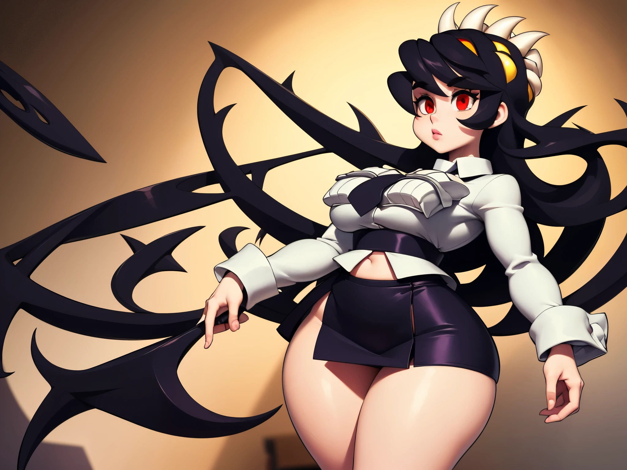 Filia, long hair, large and expressive eyes, feminine lips, big breasts, big buttocks, wide hips, small waist, sensual body, anatomically correct body, big thighs, feminine hands, very detailed image, anatomically correct hands, white shirt, tiny black tie, black skirt, black socks, brown shoes, masterpiece, artwork, hiper detailed