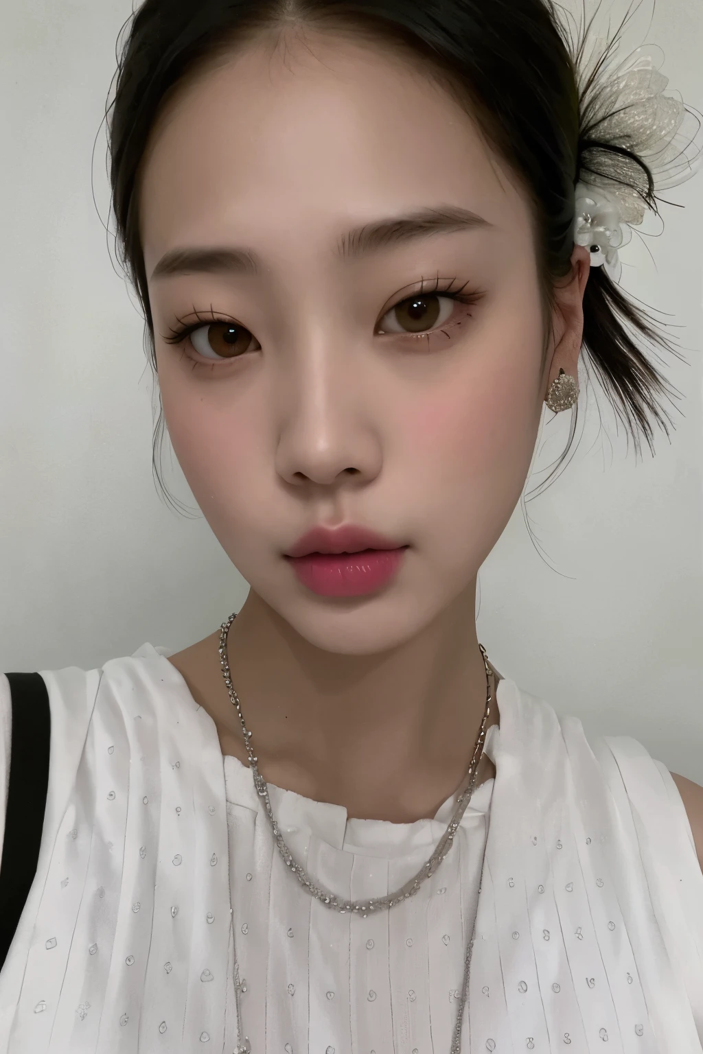 Hay una mujer con un collar y un collar con una flor, Blackpink Jennie, Heonhwa Choe, Jinyoung Shin, Taejune Kim, Gongbi, Asian face, Shin Min Jeong, Korean symmetrical face, Seseon Yoon, Kim Hyun Joo, sin maquillaje, Lulu Chen, Kiyoko Suzuki, Lee Ji-eun