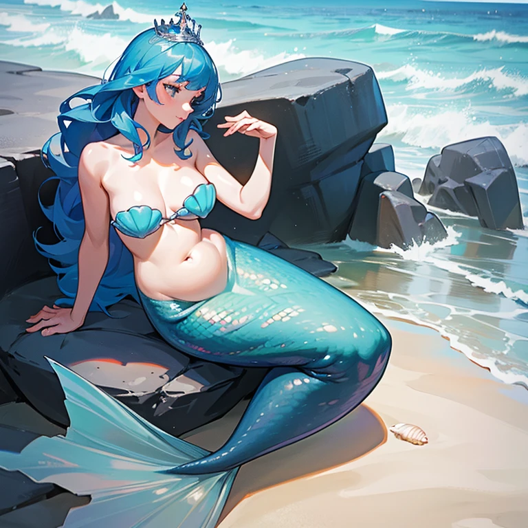 Masterpiece, best quality, expressive eyes, perfect face, mermaid, 1girl, monster girl, solo, head fins, long hair, breasts, blue hair, star hair ornament, navel, shell bikini, stony shore background, shell, smile, hair ornament, ocean background 