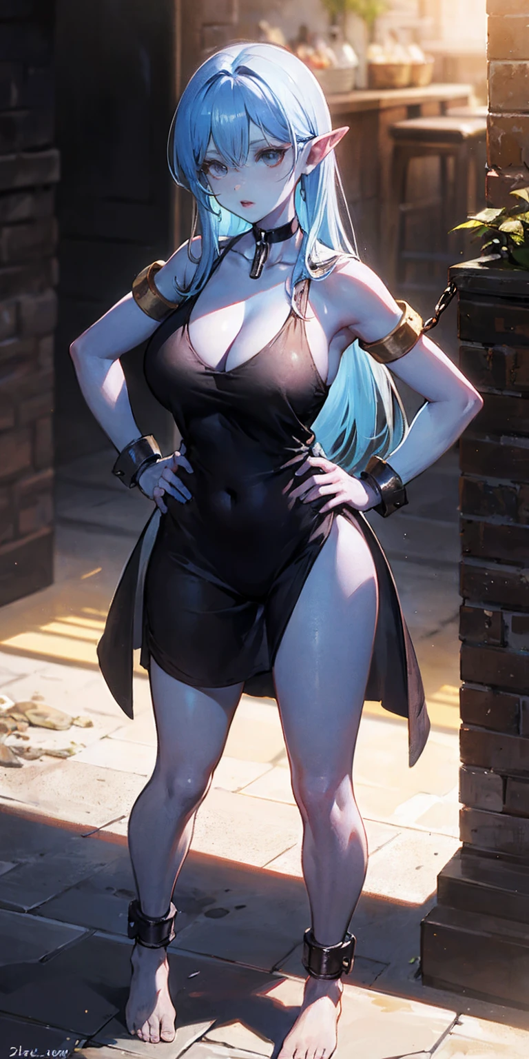 full body, barefoot, solo, female, big breast (orc, blue skin), linen tunic, fantasy village, armor, Handcuffs on their hands, With a collar around the neck, hands on hips, slave, ((black choker, shackles on legs and arms)),