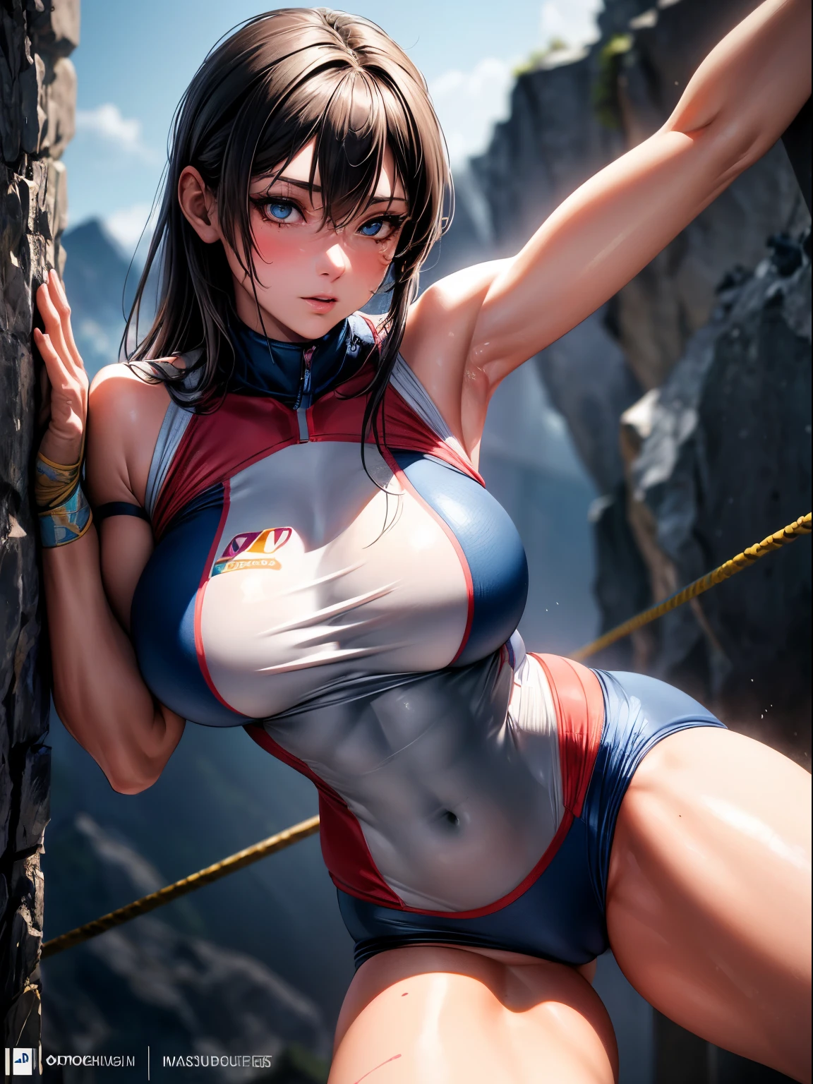 (Best Quality, masutepiece),ultra detailed photographic,1girl in, sport climbing female athlete ,Large breasts,nice legs,At the sport climbing venue,Detailed beautiful face,Beautiful eyes,detailed hairs,detailed clothes,Detailed realistic skin,Cool,Dynamic Angle,