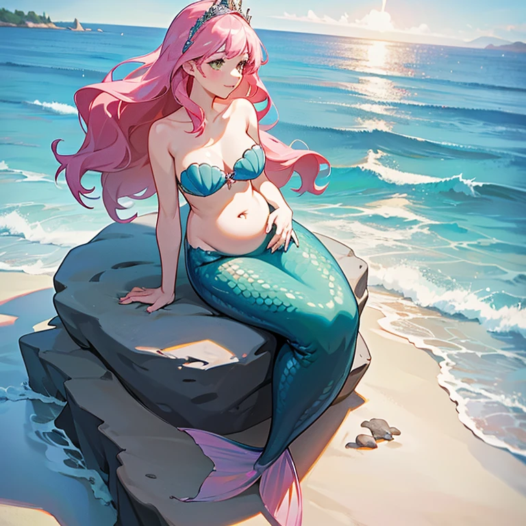 The mermaid queen, pregnant, holding belly, sitting on rock, very detailed, 4k image, beach, sunny, beautiful waves, ocean, shells, holding pregnant belly, beautiful shell bra, pearls, shell crown, sitting on rock in ocean, very detailed, holding pregnant belly longingly, happy,