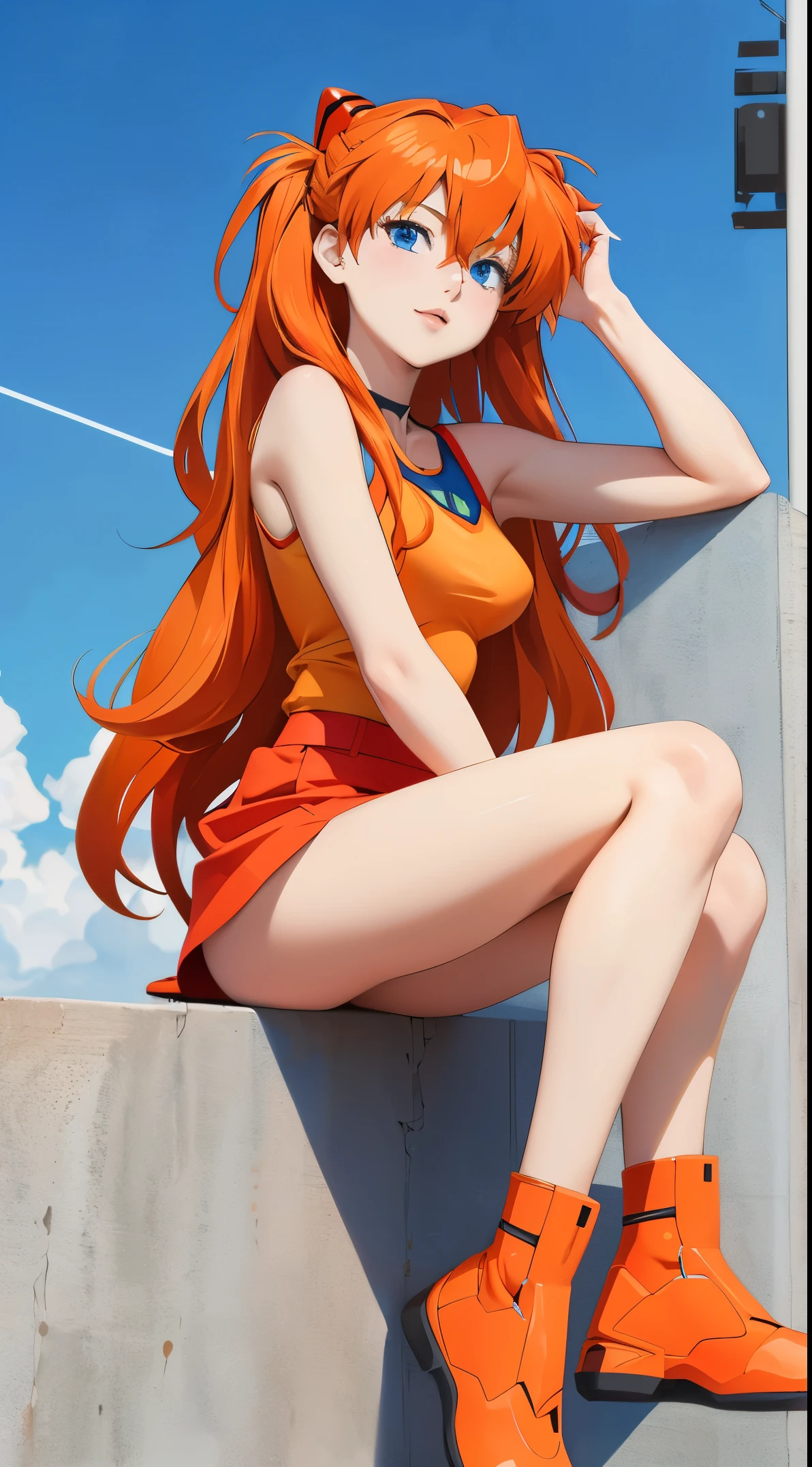 (tmasterpiece, quality, Best quality at best, offcial art, Beautiful and beautiful:1.2)Soryu Asuka Langley, Long orange hair，Shin Evangelion，Sit down position
