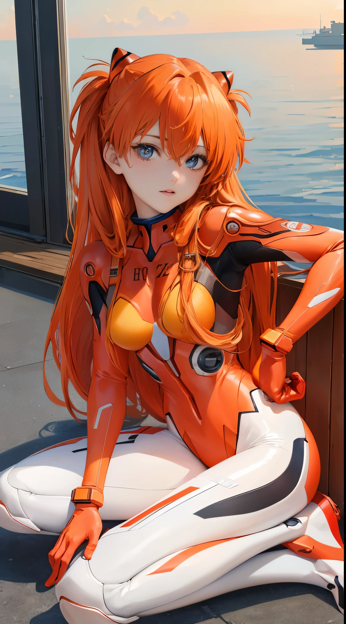 (tmasterpiece, quality, Best quality at best, offcial art, Beautiful and beautiful:1.2)Soryu Asuka Langley, Long orange hair，Shin Evangelion，Sit down position，tightsuit