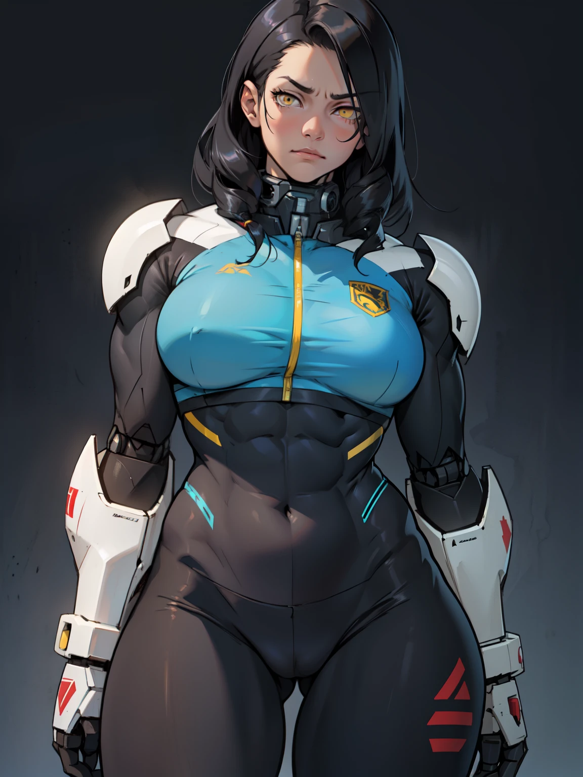 sad girl (((muscular girl large breasts thick toned body mecha background))) pale skin black hair yellow eyes sad thin waist long abs leggings bodysuit