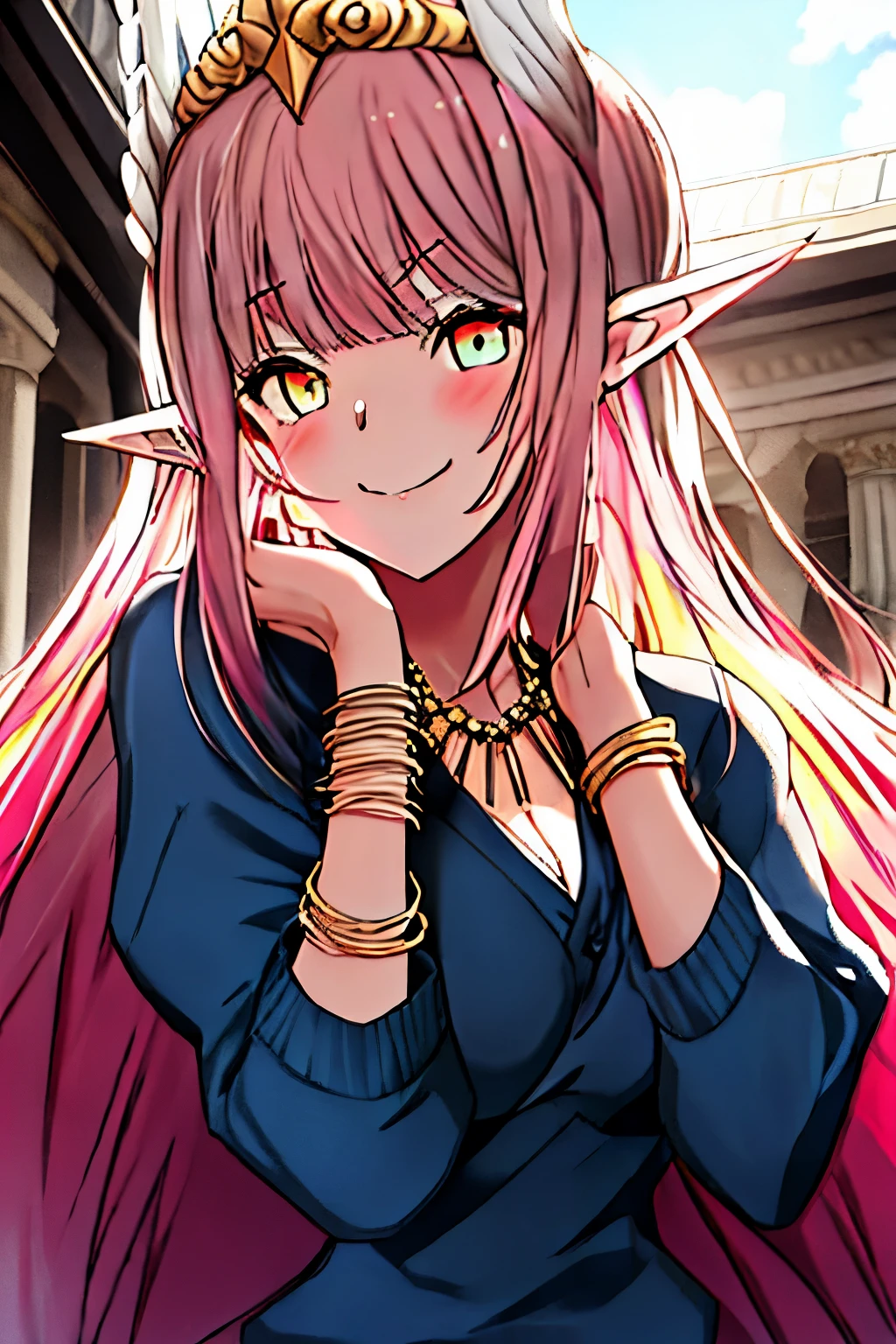 best quality, master piece, Tall, alone, {Circe_FGO:1.15}, pointed_Ears, Pink_hair, Head_Wings, Wings, fringe, femhered_Wings, Long_hair, jewelry, smile, breasts, necklace, blush, small_breasts, multicolored_eye, 1girl, bracelet, looking_at_viewer, blue_eye, white_backstory, tiara,