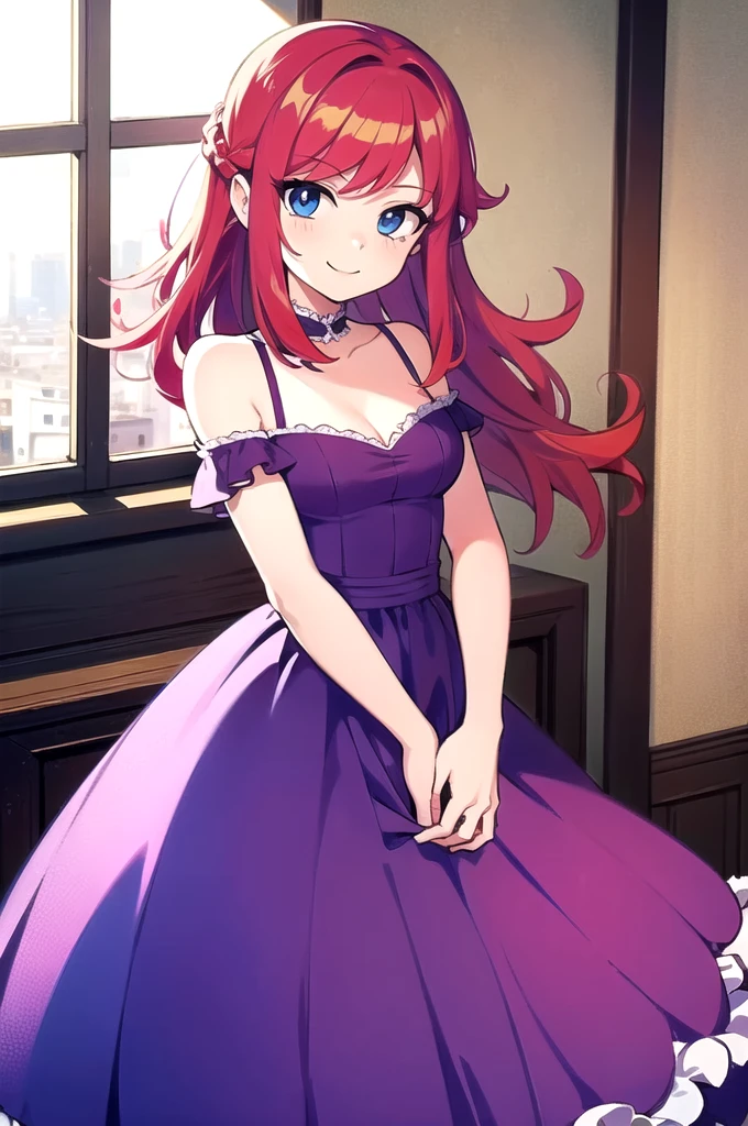 1 girl, , Red hair, Long Red hair, Medium Hair, Blue eyes, Purple off shoulder dress, Purple Flamenco Dress, Flamenco dancer, long skirt, Smile, room, indoor, window, daylight at the city, Sexy, masterpiece, High quality, close up