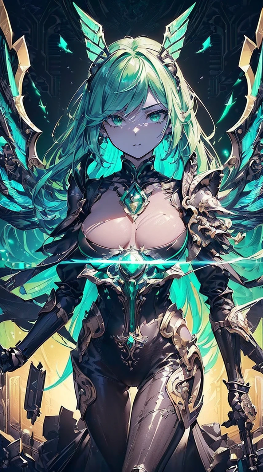 (((masterpiece))), (((highest quality))), ((ultra-detailed)), ((super fine illustration)), ((ultra-fine painting)), (Highly detailed and cool illustration style:1.8), detailed skin texture, detailed metal texture, detailed cloth texture, extreme detailed description, (T-masterpiece), original, raw photo, professional, Intricate details, super details, intricate ornament details, (american shot:1.6), real, (Solo:1.5), (A very beautiful and cool female marshal with emerald green hair and eyes dressed as a mechanical angel) BRAKE (Beautifully shaped small breasts), (Beautifully shaped small buttocks), (Very detailed and delicate beautiful shiny emerald green hair that shines in rainbow colors, colorful hair:1.4), (highly detailed emerald green hair:1.2), (Beautiful clear emerald green eyes that shine with great detail and delicate:1.6), (highly detailed emerald green clear eyes:1.2), (highly detailed face:1.2), (Perfect, very detailed and beautiful hands:1.2), (Perfect, very detailed and beautiful fingers:1.2), (Perfect, highly detailed and beautiful fingertips:1.2), (perfect anatomy:1.2) BRAKE ((sophisticated mechanism:1.6))Smooth and menacing design, (Large jet black highly detailed symmetrical mechanical wings:1.4)Smooth and menacing design, (Heavy Weapon Ranged Combat Weapon:1.4), (Highly detailed and delicate mechanical armor in jet black and emerald green for female Marshals only:1.3), (Symmetrical Wings:1.6) BRAKE Concept art, (battle scene), (Detailed Science Fantasy Art:1.2), ((Highly detailed Action Pose)) BRAKE (Different world:1.2), no robot, (8K highest quality wallpaper:1.4), (Highly detailed and delicate background:1.2) BRAKE sexy, NSFW BRAKE