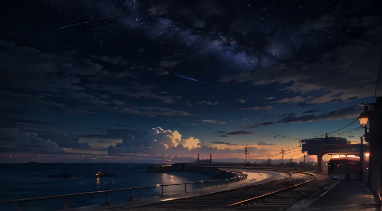 Obra maestra de alta calidad, paisaje, tren de anime que pasa a lo lejos, bodies of water next to roads, atardecer, cielo estrellado brillante. Romantic Train, pixiv, concept art, estilo lofi art, reflecion. por Makoto Shinkai, arte lofi, hermosa escena de anime, paisaje de anime, paisaje detallado: ancho 672, al estilo de Makoto shinkai, estilo de Makoto shinkai, detalles mejorados.