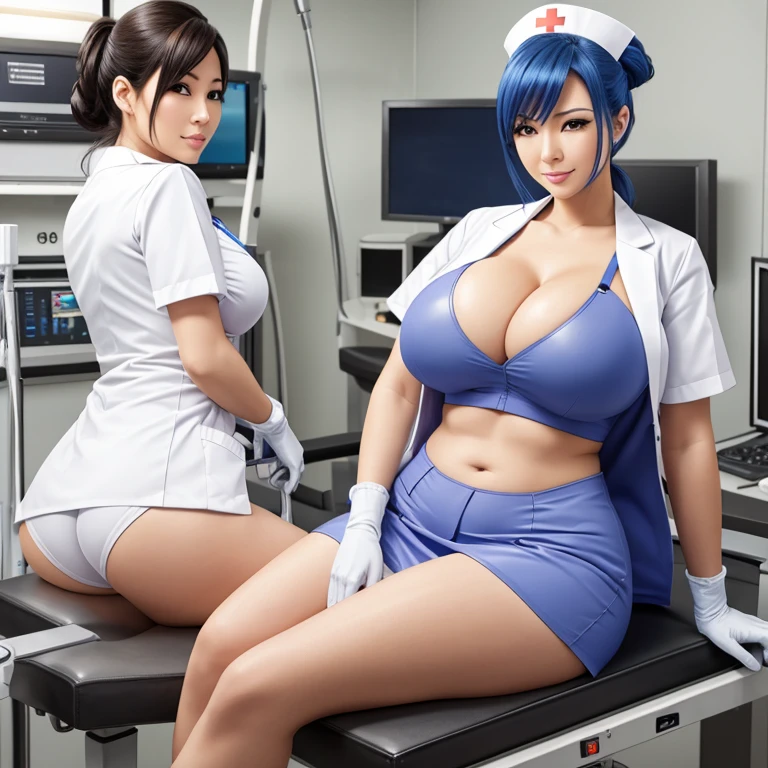 nurse uniform,hospital, latex nurse suit,nurses,busty,elbow gloves,labcoat,bluehair woman,azure eyes , gigantic boobs ,medical instruments,asian nurse,two nurses,speculum,examination room,oversize boobs, ,big ass ,strap on, lay on table ,legs spreaded,giving birth,gyno chair , dentist,Milf,