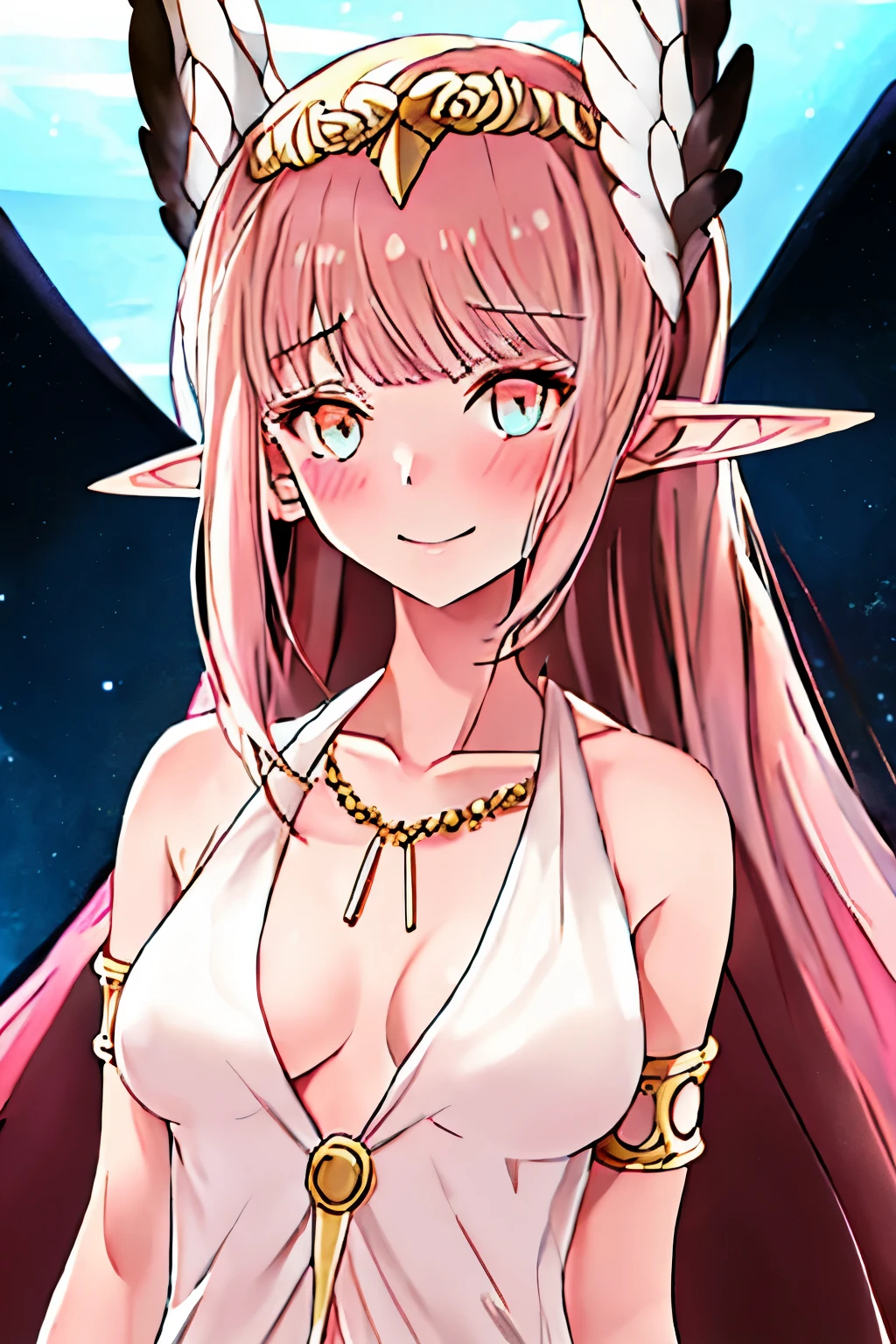 best quality, master piece, Tall, alone, {Circe_FGO:1.15}, pointed_Ears, Pink_hair, Head_Wings, Wings, fringe, femhered_Wings, Long_hair, jewelry, smile, breasts, necklace, blush, small_breasts, multicolored_eye, 1girl, bracelet, looking_at_viewer, blue_eye, white_backstory, tiara,