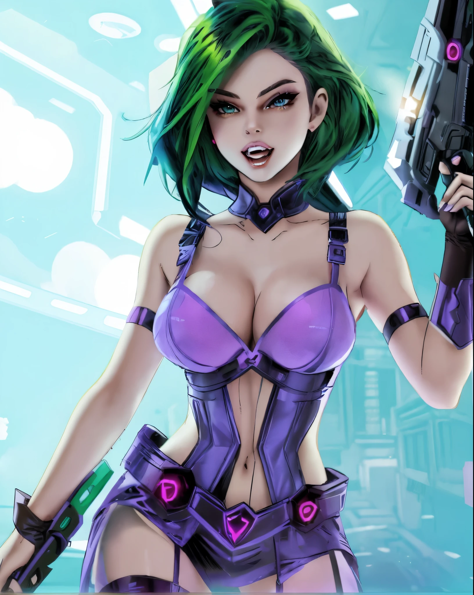 ((superior nipples)), 1girl, Cara Evangeline/selena gomez/ruby rose, with neon green hair in sexy amazing futuristic mage tech battle maiden in alluring skirt tech dress, (cotton_panties), with a weapon, teenage dream, ((evil_grin)), touching self, looking at viewer