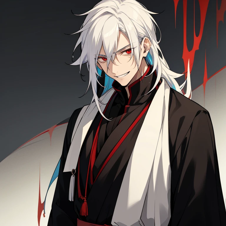 1 boy, black hair, white hair, multicolored hair, red eyes, black noble cloth, calm face, handsome male guy, masculine, old boy, grown man, 28 years old, bored face, man, big male, psychopathic smile, villain, long hair