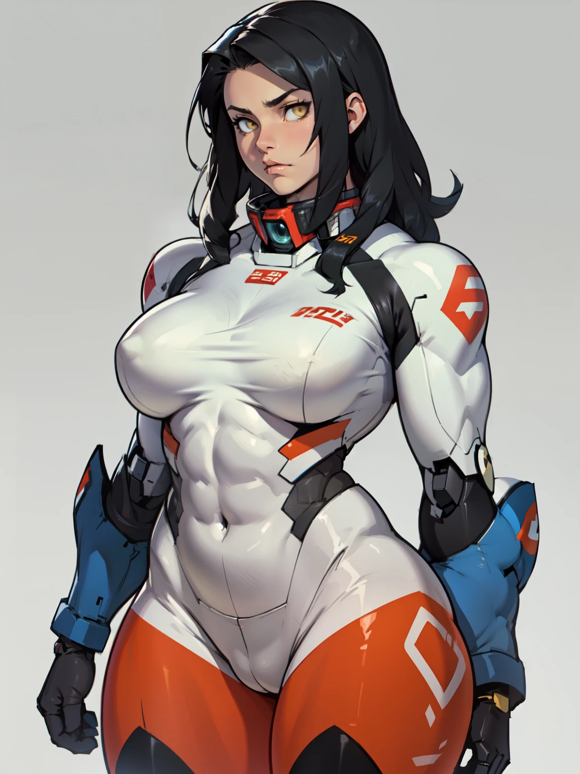 sad girl (((muscular girl large breasts thick toned body mecha background))) pale skin black hair yellow eyes sad thin waist long abs leggings bodysuit (((muscular girl large breasts thick toned body mecha background)))