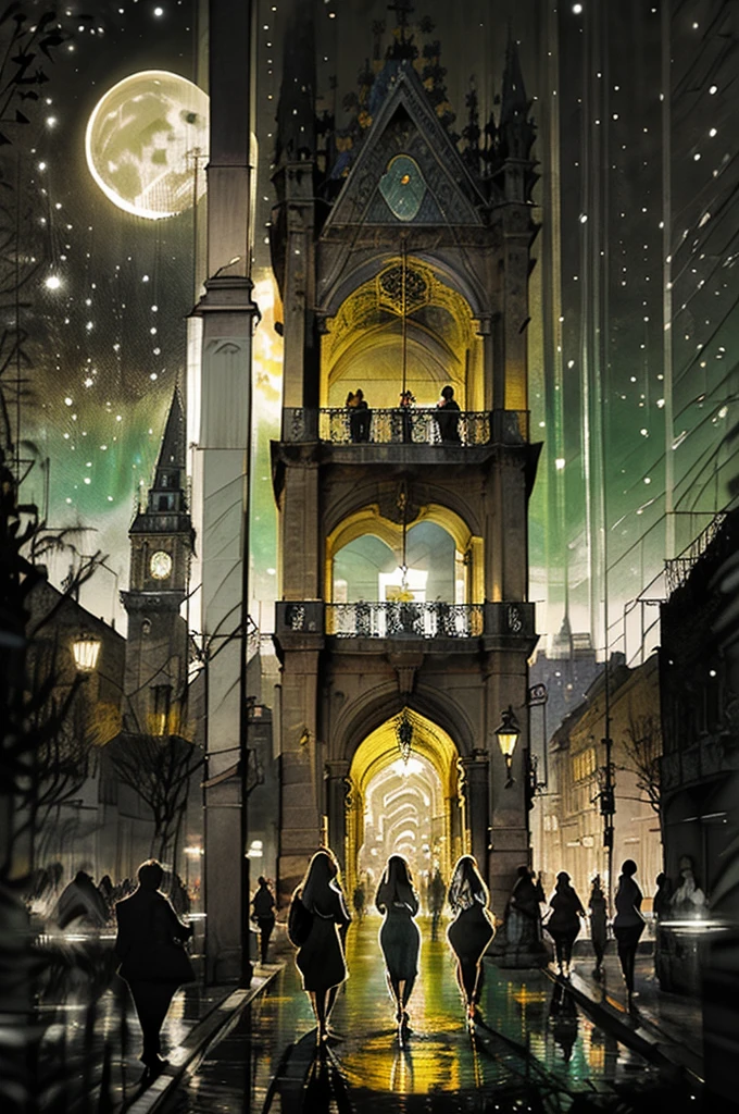 Affiche vectorielle style Van Gogh (Praça do Comércio dans la ville de Lisbonne vue au-dessus) en terrasse du café dans la ville à Lisbonne le soir de Noël avec les décorations de Noël ; peinture impressionniste pointillisme couleurs vives avec du contraste, Proche de la perfection, dynamique, Clair de lune, Très détaillé, Peinture à l’aquarelle, illustration, illustrations de Van Gogh, Lisbonne, place du commerce , urbanisme
