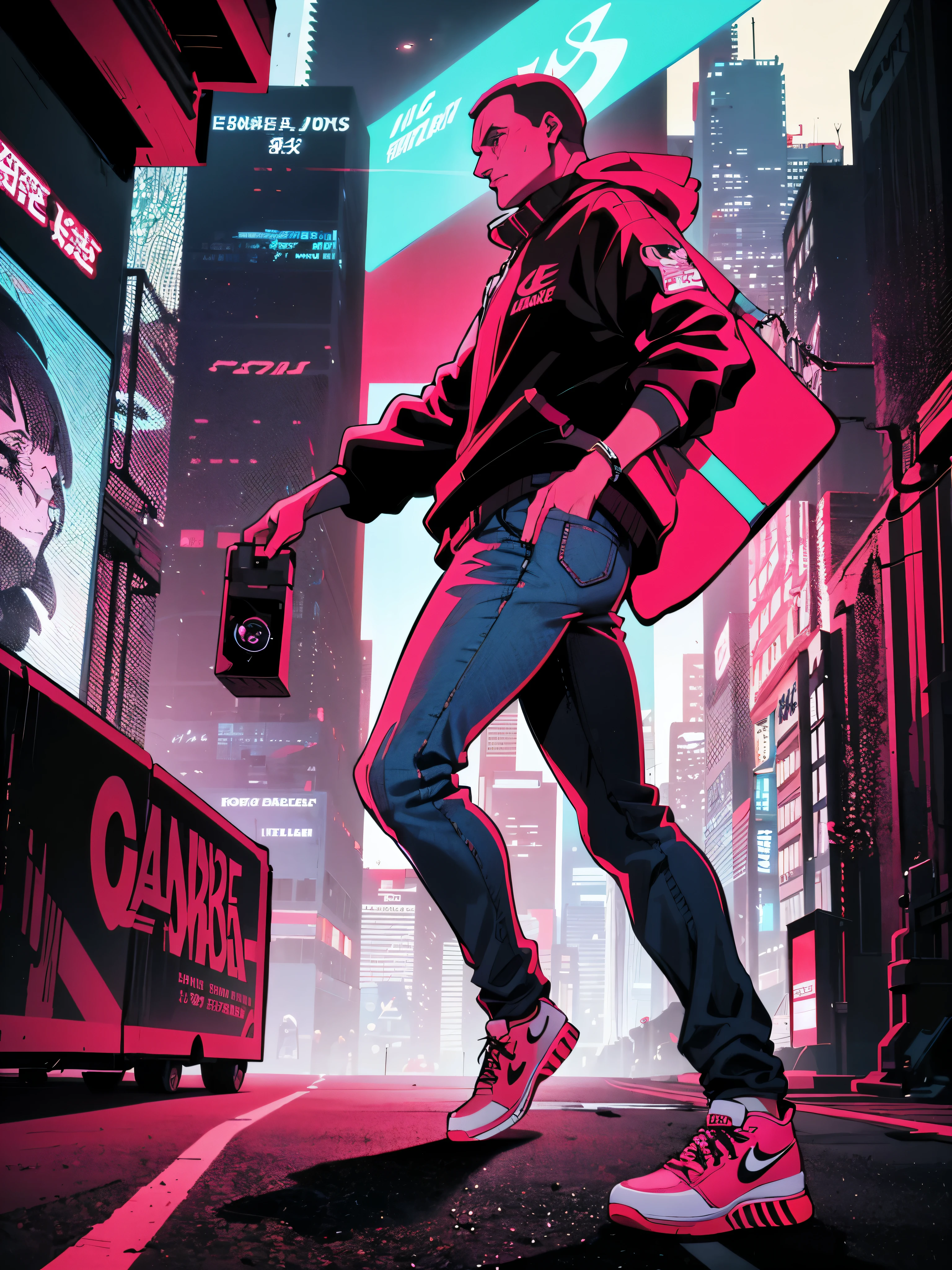 Poster of a man running in the air, Inspired by Jeremy Chong, trending on artstation, retrofuturism, Wear NIKE AIR JORDANS, Liendegger style section, Steve Jobs is Hokage, Cyberpunk Jesus Christ, James Jeans color palette, Hoverboard, In the style of Laurie Greasley, 4K Post, profile portrait