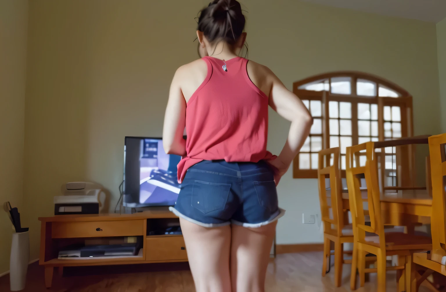 There's a woman standing in a living room playing a video game, Costas - Pneu, tiro traseiro, shot from the back, seen from the back, from the back, Back view!!, tiro nas costas, view from the back, Bermuda, Backview, long shot from the back, medium shot taken from behind, from the back, Tiroteio costeiro, tiro traseiro