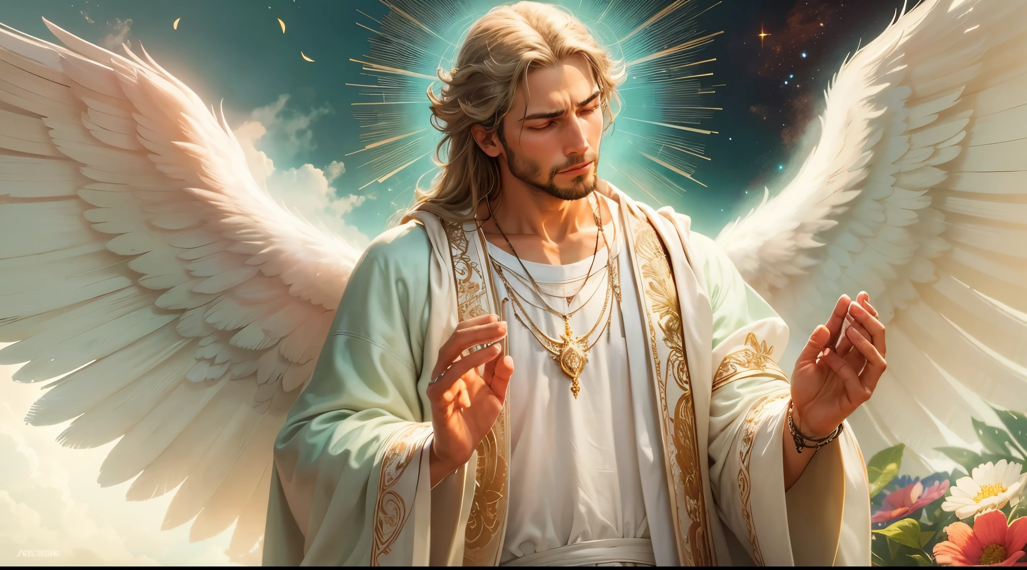 Closeup of an image of a man angel praying and blessing, arcanjo homem com asas grandes, o anjo da fortuna, perfeito, Reslistic, Biblical setting, celestial scenery, sol e nuvens ultras realistas, flores e velas, illuminated archangel of heaven, Passes em segundo plano, flores coloridas, velas acesas, roupas brancas e vermelhas