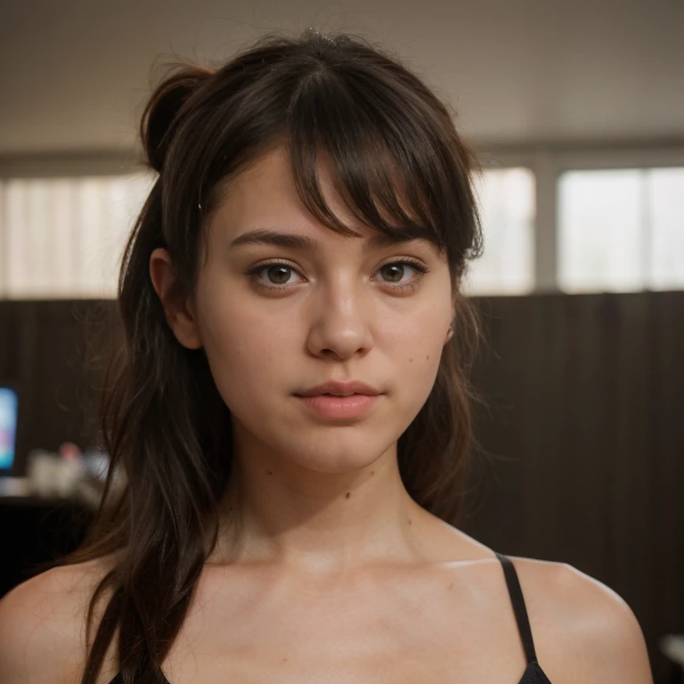 Photo of a pretty young 1girl , big cheeks, hair bun, black hair, side-swept bangs, side fring hair, medium size breasts, best quality, realistic, 8k,