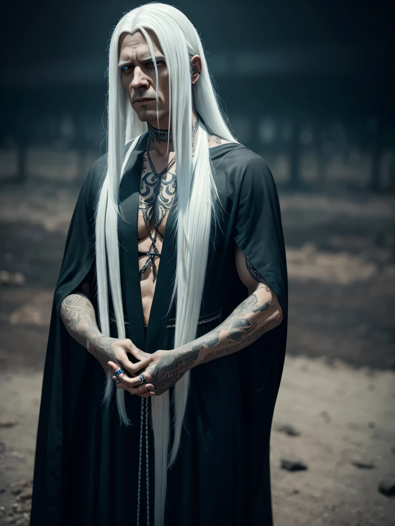 by lee jeffries nikon d850 film stock photography 4 kodak portra 400 camera f1.6 rich lenses colors hyper realistic texture dramatic lighting unrealengine trend in artstation cinestill 800, face extremely detailed, realistic, best qualified, photorealistic, quality 8k, high ress, standing, (looking at the camera), (((cowboy shot))),(((woman))), long straight white hair, demon tattoos, occultist, black rings, Ritual Robe, depressed