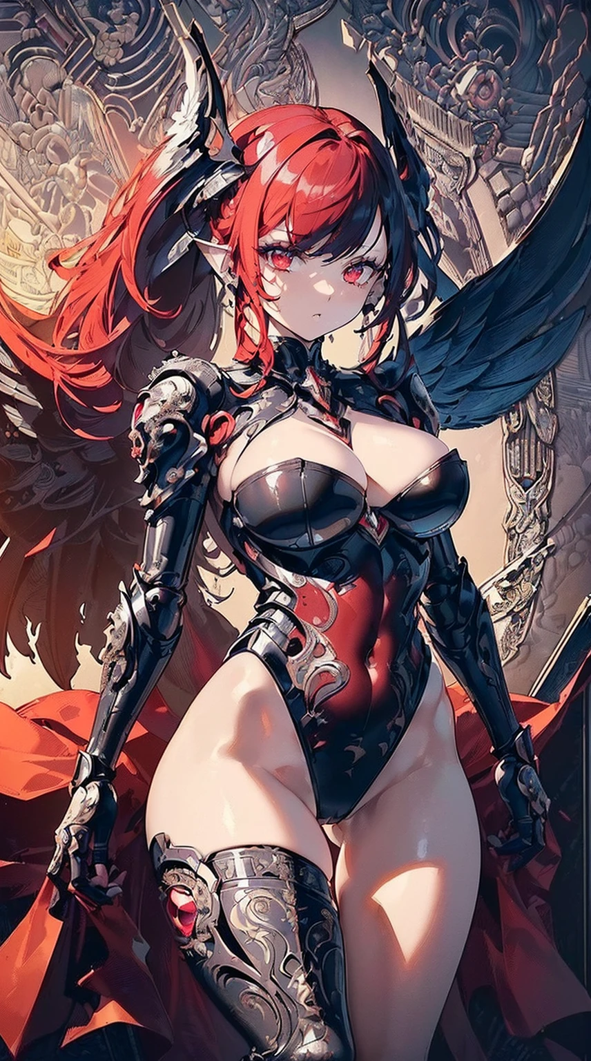 (((masterpiece))), (((highest quality))), ((ultra-detailed)), ((super fine illustration)), ((ultra-fine painting)), (Highly detailed and cool illustration style:2.0), detailed skin texture, detailed metal texture, detailed cloth texture, extreme detailed description, (T-masterpiece), original, raw photo, professional, Intricate details, super details, intricate ornament details, (american shot:1.6), real, (Solo:1.5), (A beautiful and cool female marshal with ruby red hair and eyes dressed as a mechanical fallen angel) BRAKE (Beautifully shaped small breasts), (Beautifully shaped small buttocks), (Very detailed and delicate beautiful shiny Ruby red hair that shines in rainbow colors, colorful hair:1.2), (highly detailed ruby red hair:1.2), (Beautiful clear red eyes that shine with great detail and delicate:1.2), (highly detailed ruby red clear eyes:1.2), (highly detailed face:1.2), (Perfect, very detailed and beautiful hands:1.2), (Perfect, very detailed and beautiful fingers:1.2), (Perfect, highly detailed and beautiful fingertips:1.2), (perfect anatomy:1.2) BRAKE ((sophisticated mechanism:1.6))Smooth and menacing design, (Highly detailed large Jet Black Sleek symmetrical mechanical fallen angle wings:1.4)Smooth and menacing design, (highly detailed large jet black symmetrical wings:1.2), (Highly detailed and cool mechanical armor with an all-range attack type that shines in jet black and ruby red exclusively for female Marshals:1.3), (Symmetrical Wings:1.6) BRAKE Concept-art, (battle scene), Detailed Science fantasy art, (Highly detailed all-range attack pose), BRAKE no robot, (8K highest quality wallpaper:1.4), (Highly detailed and delicate Different world background:1.2) BRAKE sexy, NSFW BRAKE